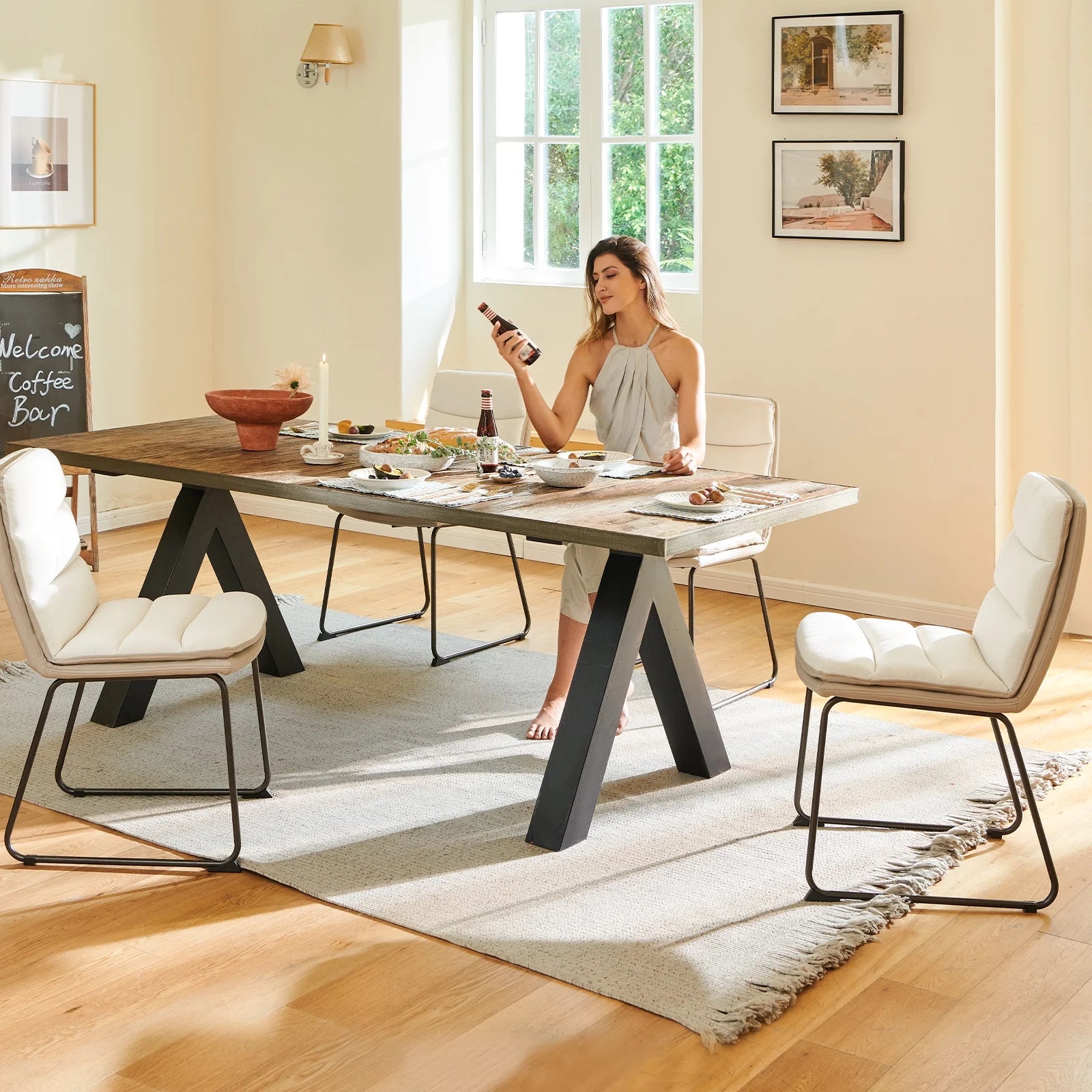 Cream Fabric Upholstered Dining Chairs Set of 2 P585