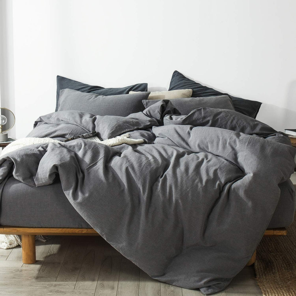 Pre-Washed Cotton Duvet Cover Set Heathered Dark Gray Queen S3343