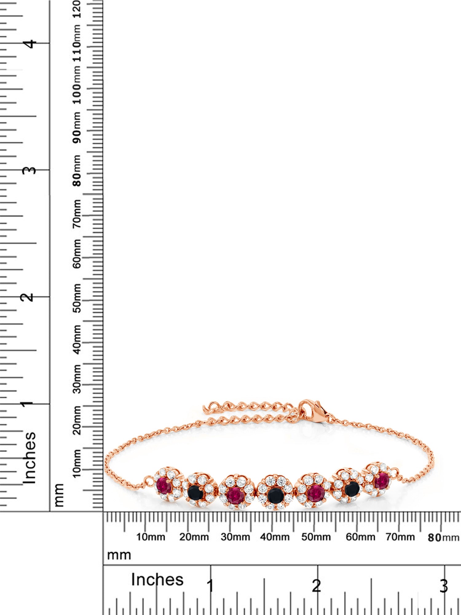 18K Rose Gold Plated Silver Red Created Ruby and Black Onyx Tennis Bracelet E4768