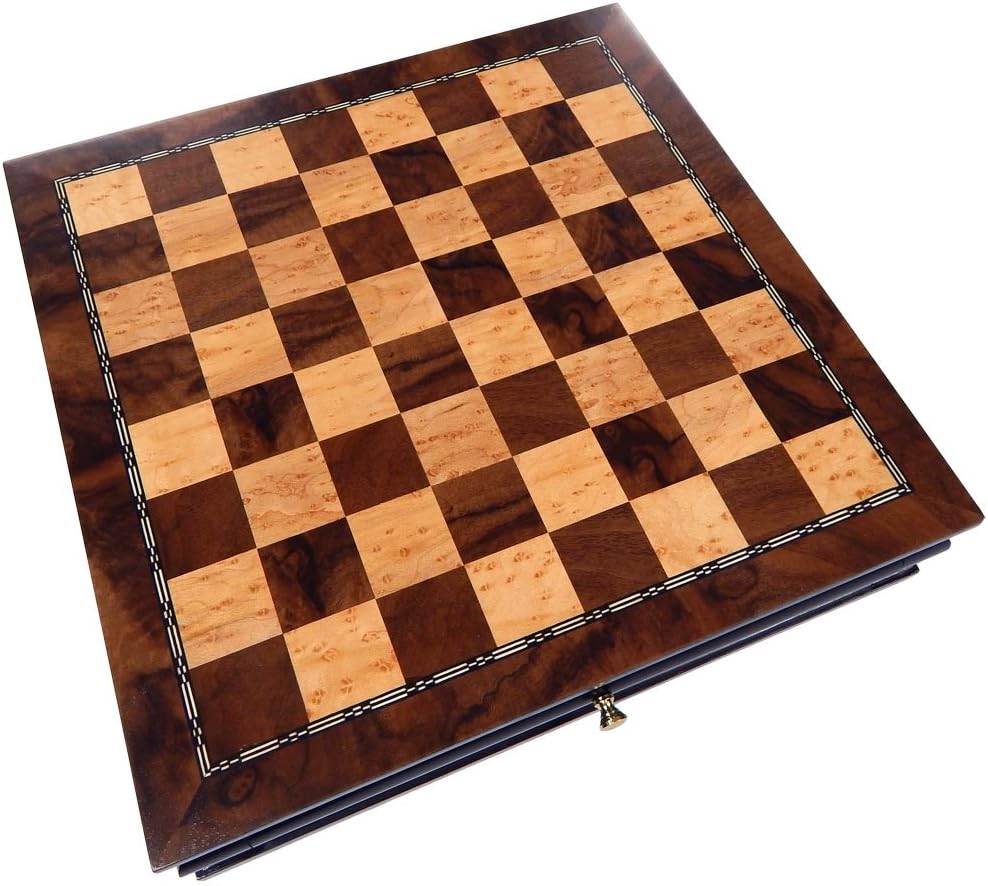 Burl Wood Inlaid Chess Cabinet with Drawer, Medium 13 x 13 Inch Board Y99728
