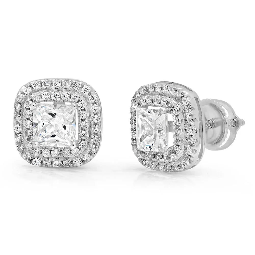 Champagne Simulated Diamond Princess Cut Halo Stud Earrings Screw Back O378