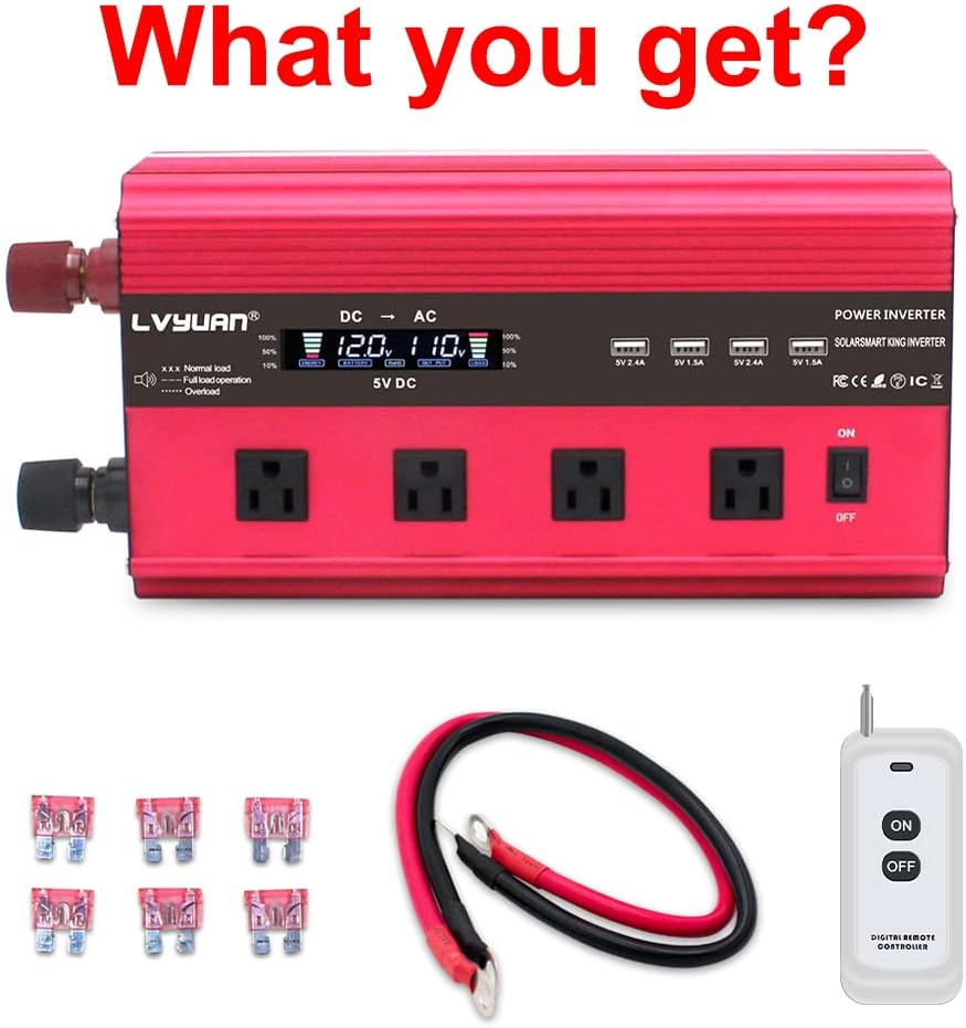 2500W Power Inverter 12V to 110V DC to AC with LCD Display, Remote Controller, 4 x AC Outlets, 4 x 3.1A USB G914