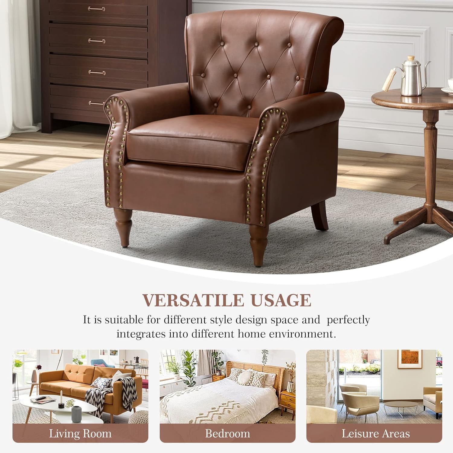 Brown Faux Leather Accent Chair with Solid Wood Legs S621