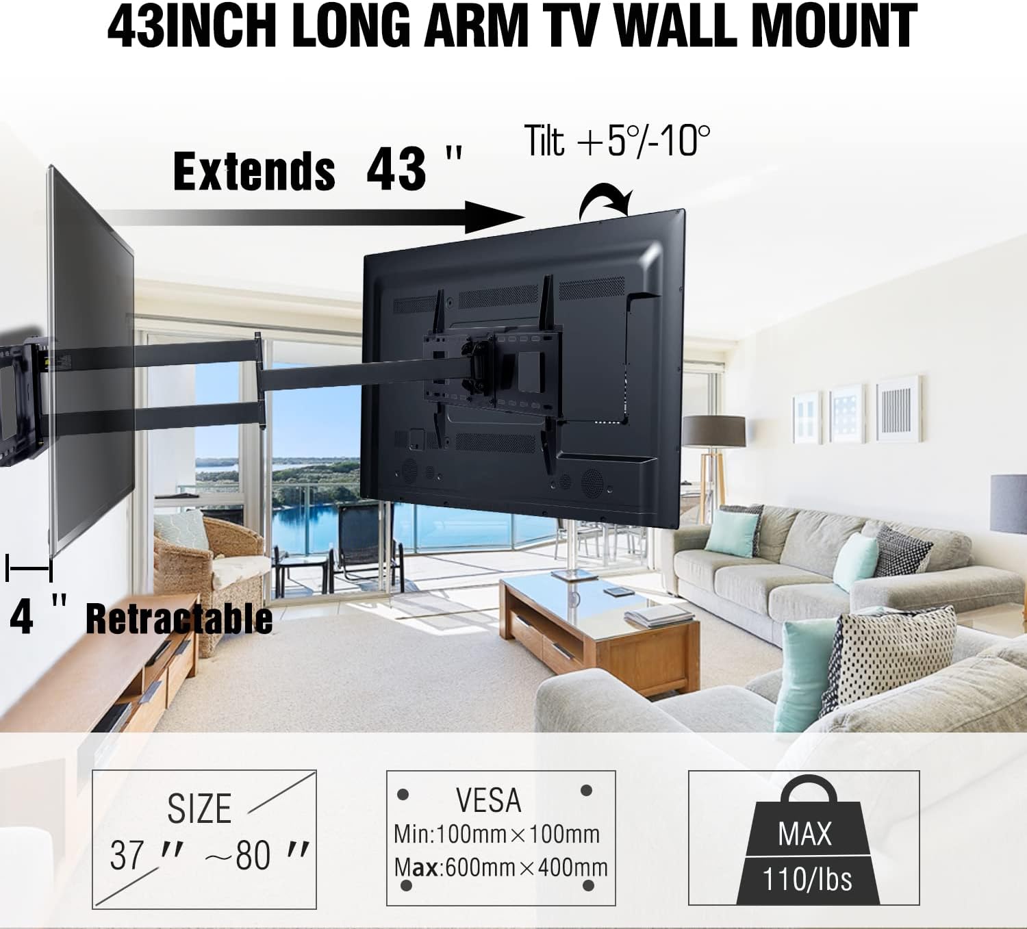 Full Motion TV Wall Mount Bracket, Fits 37-82" TVs, Holds 110lbs A571