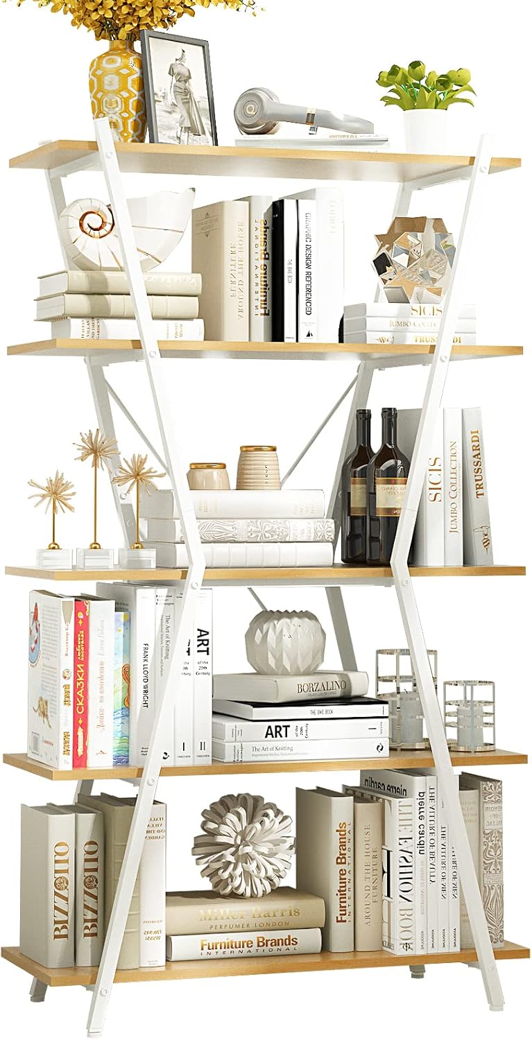 Walnut/Black 5 Tier Rustic Wood Etagere Bookcase with Metal Frame I770616