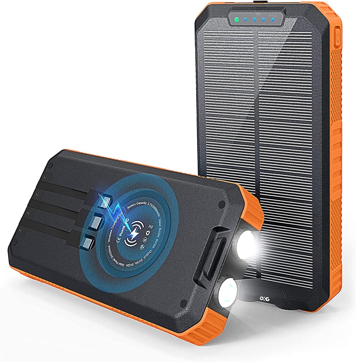 Solar Power Bank 30000 mAh Wireless Portable Fast Charge with 3 Cables & Dual Flashlights Waterproof Dustproof A61738
