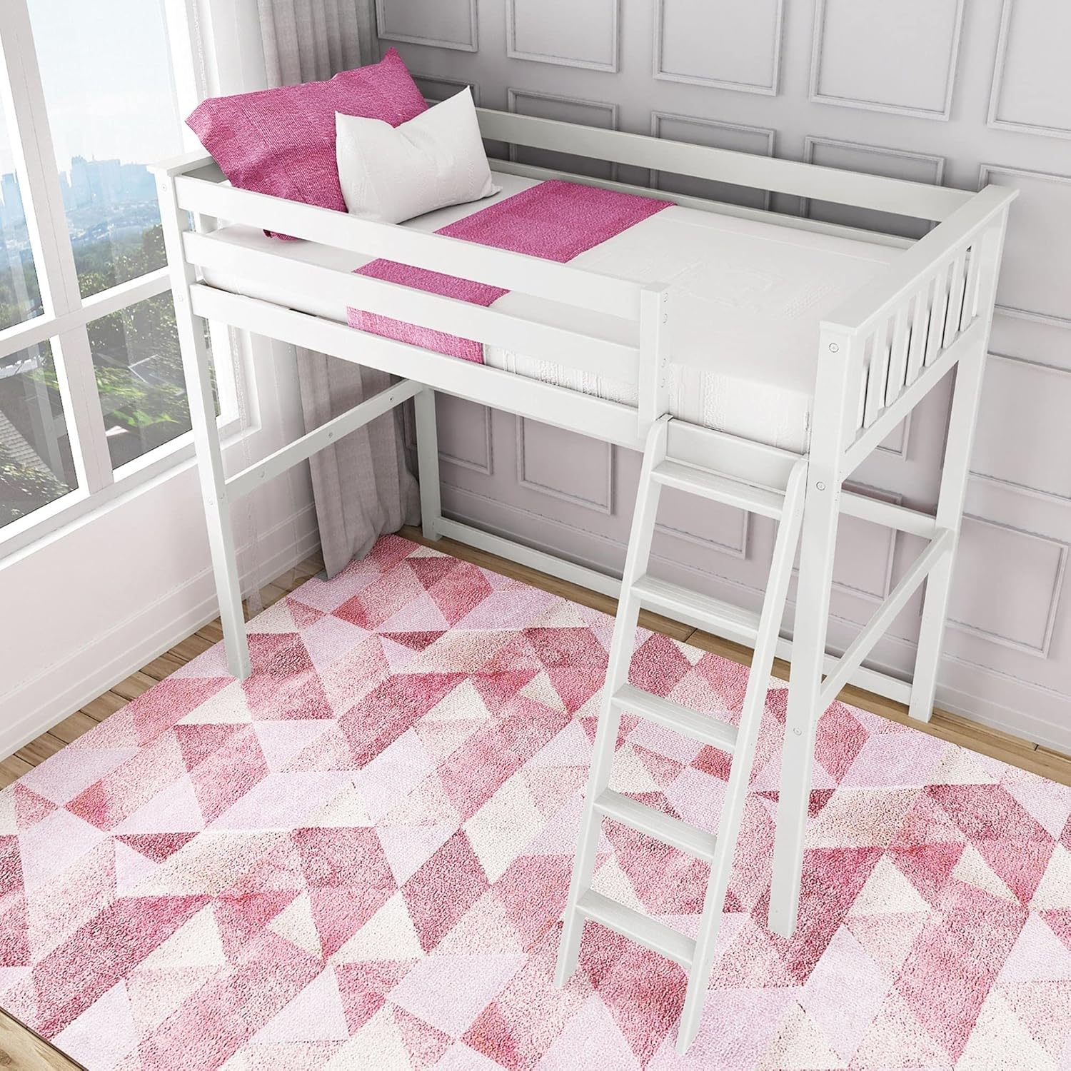 White Solid Wood Twin-Size High Loft Bed with Bookcase and Desk R893