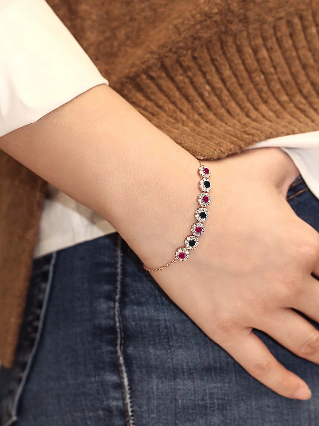 18K Rose Gold Plated Silver Red Created Ruby and Black Onyx Tennis Bracelet E4768