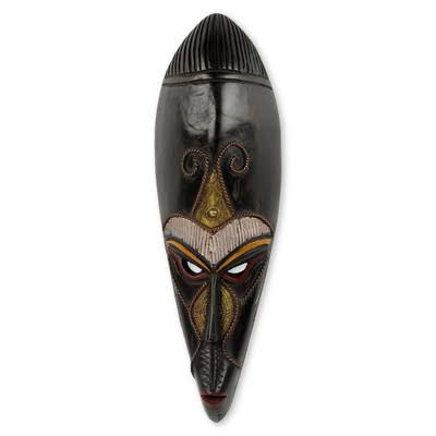 Copper Accented Wood Mask Wall Decor N7913