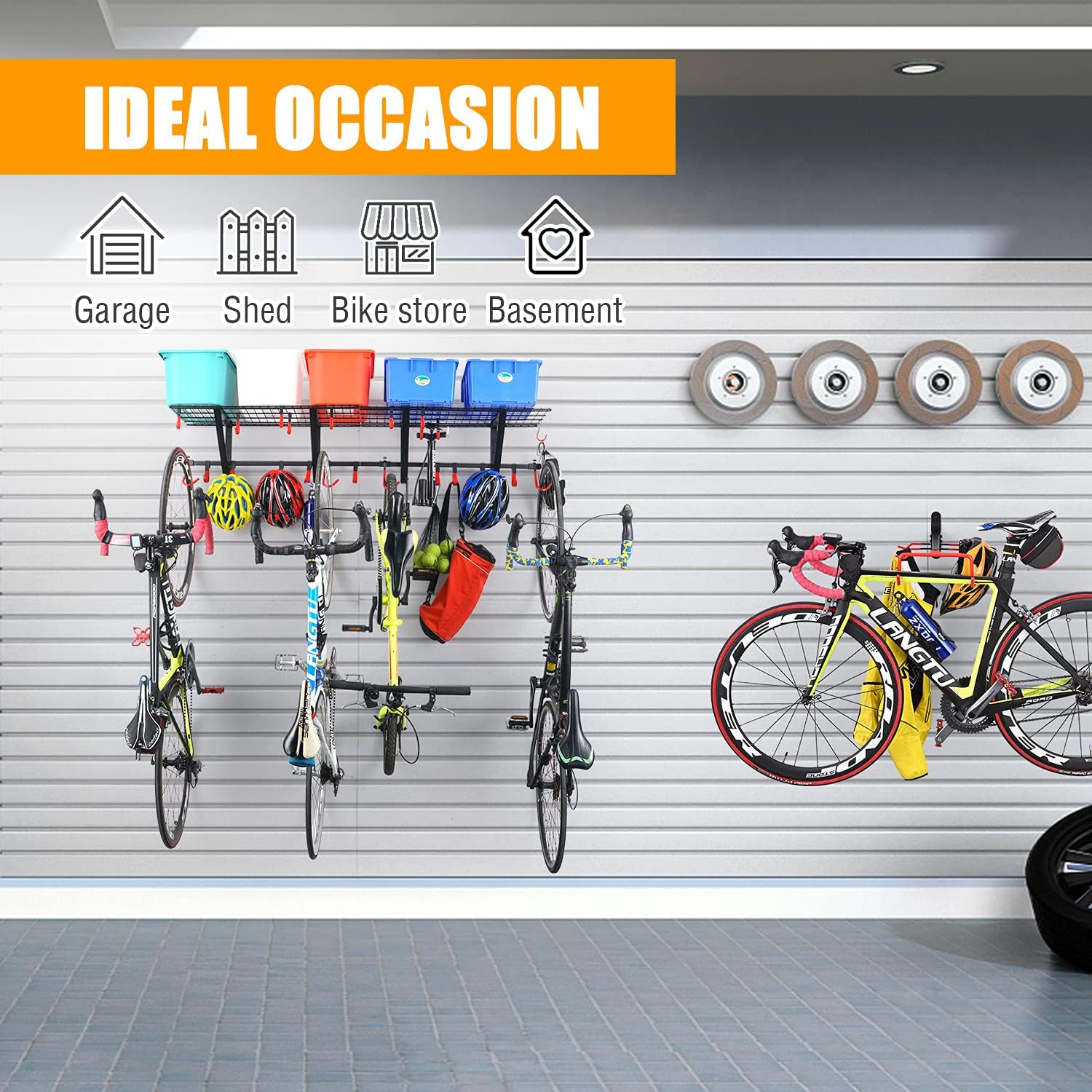 Garage Wall Shelving with Vertical Bike Hanger, Powder Coated Steel S16798