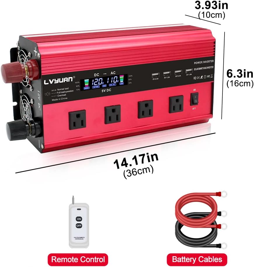 2500W Power Inverter 12V to 110V DC to AC with LCD Display, Remote Controller, 4 x AC Outlets, 4 x 3.1A USB G914
