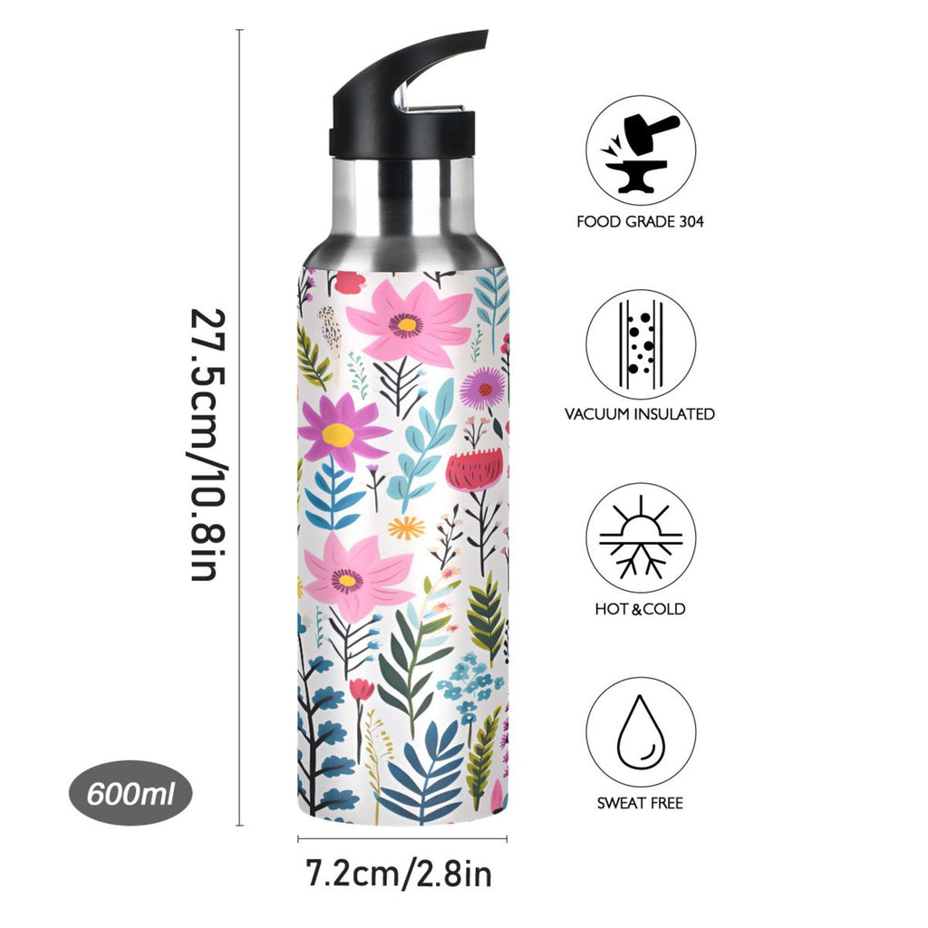 Pink Blue Flowers Stainless Steel Insulated Water Bottle with Straw Lid G1799