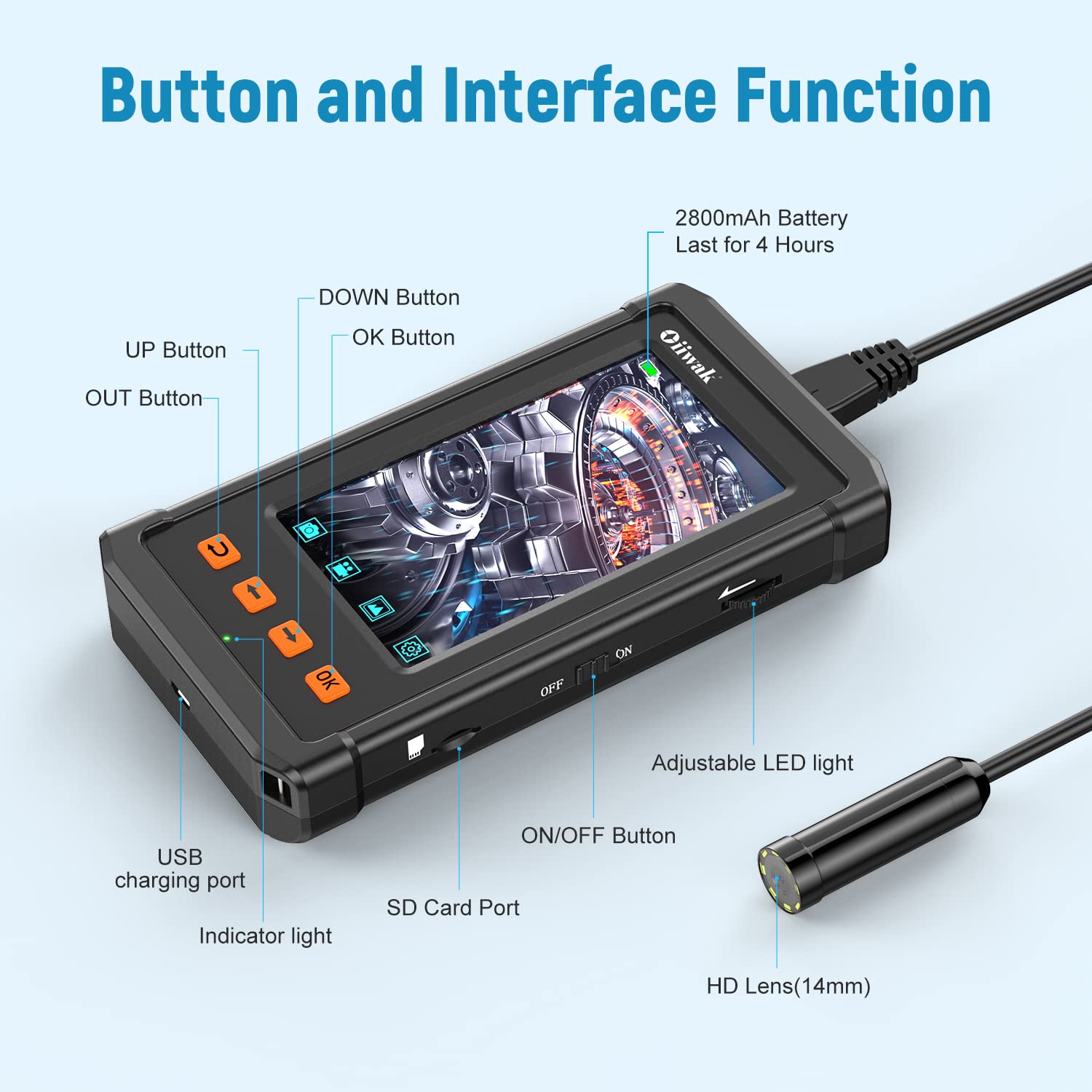 16.5FT 5MP 1944P HD Industrial Endoscope with 4.3'' IPS Screen M1201