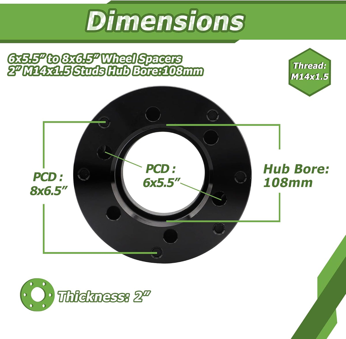6x139.7mm to 8x165.1mm Wheel Adapters 2 inch 108mm Hub Bore 14x1.5 Thread Pitch J999