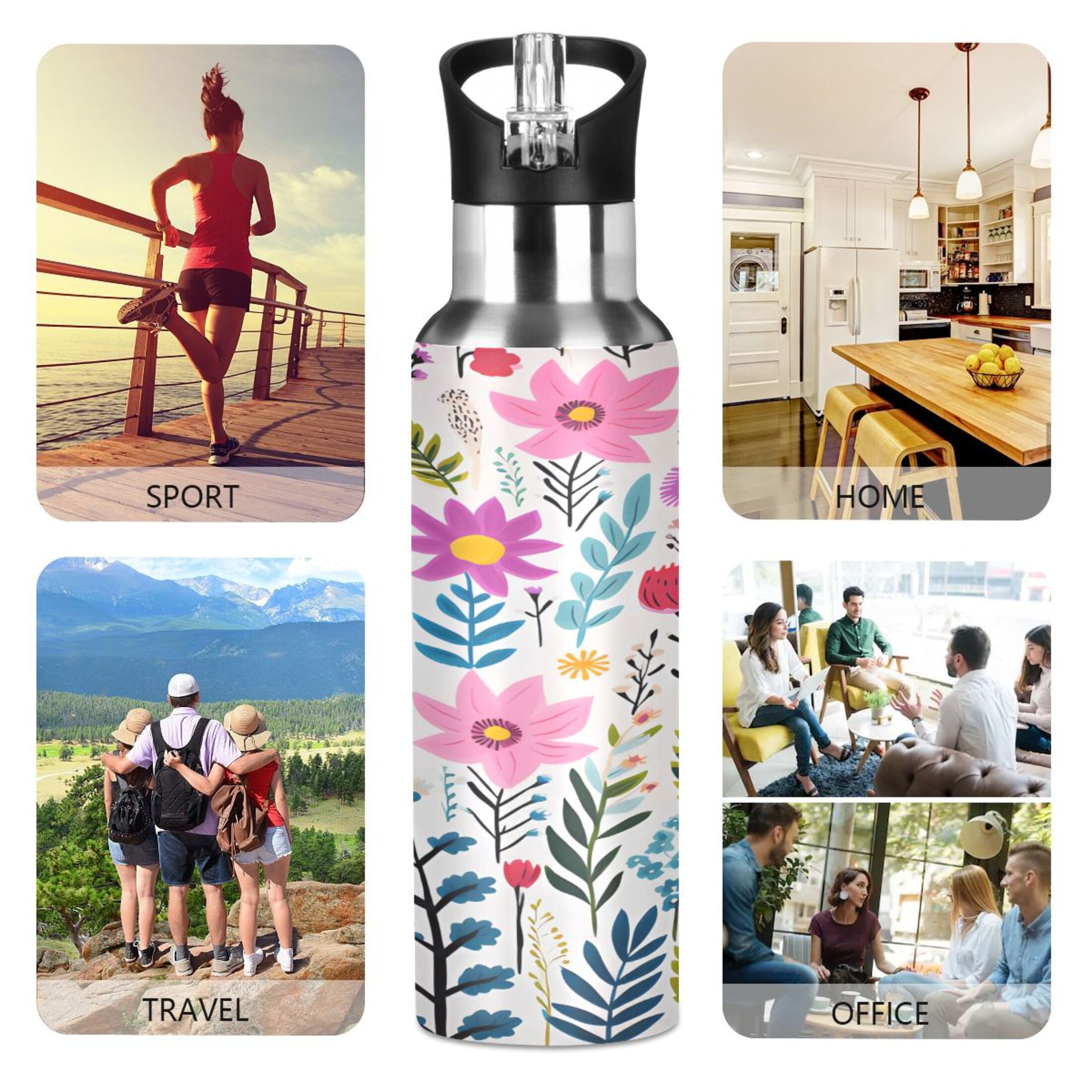 Pink Blue Flowers Stainless Steel Insulated Water Bottle with Straw Lid G1799