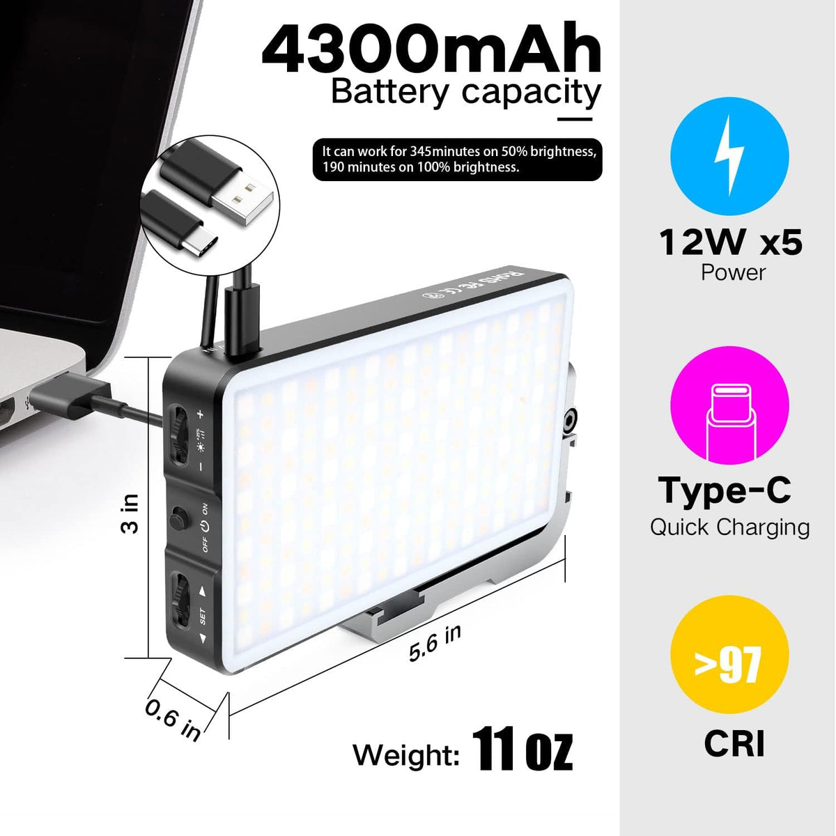 Pocket RGB Camera Light with Aluminum Alloy Body, Adjustable Tripod Stand, Pack of 2 G49938