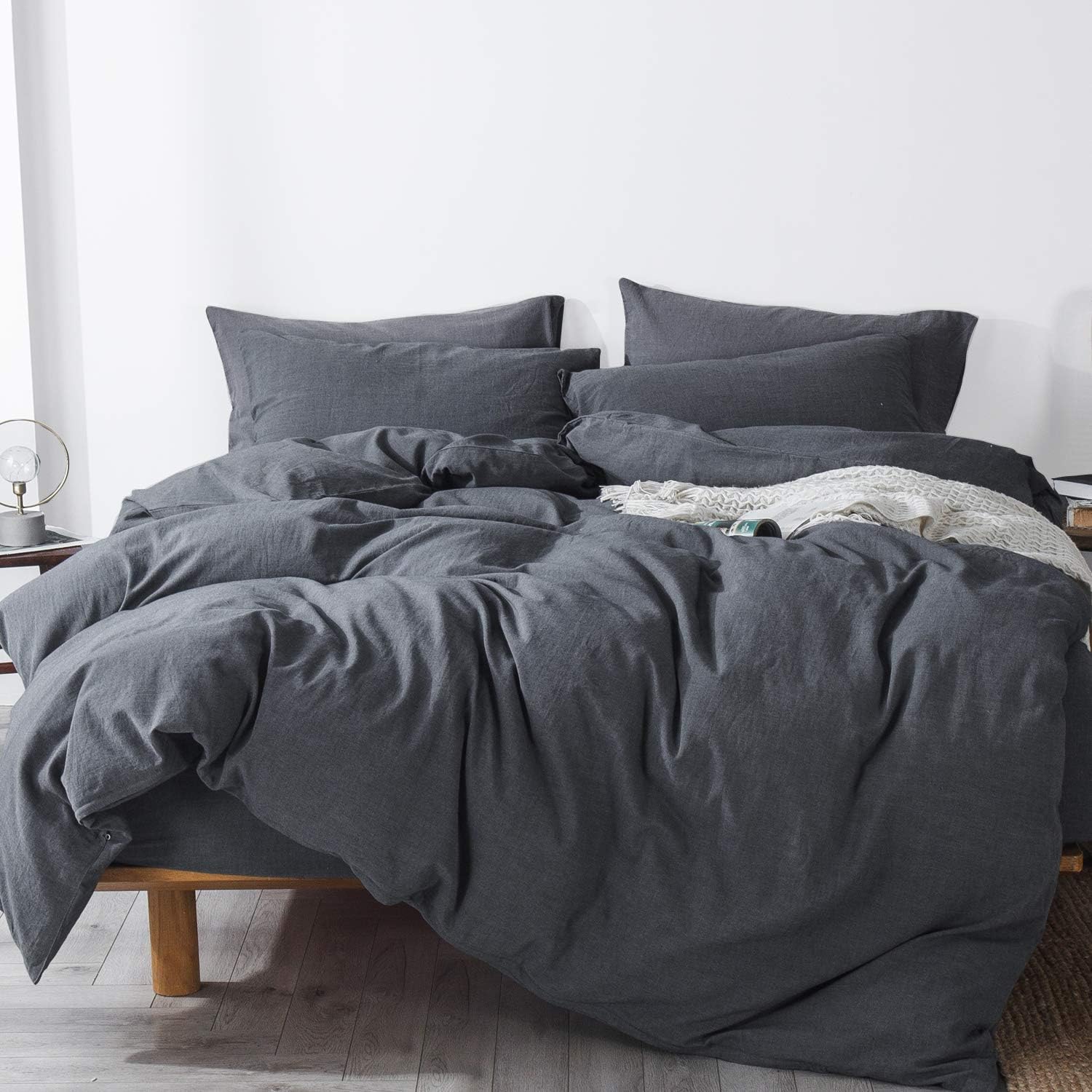 Pre-Washed Cotton Duvet Cover Set Heathered Dark Gray Queen S3343