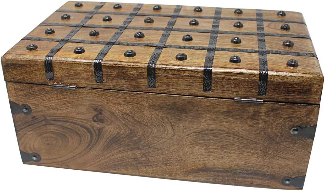 Treasure Chest Wooden Box with Antique Iron Lock and Skeleton Key W375