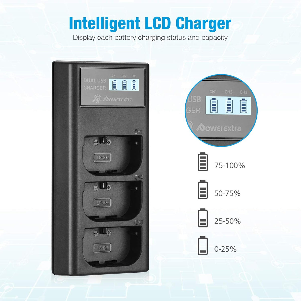 3 Pack Rechargeable Battery and 3 Channel Charger with LCD Display Y8376