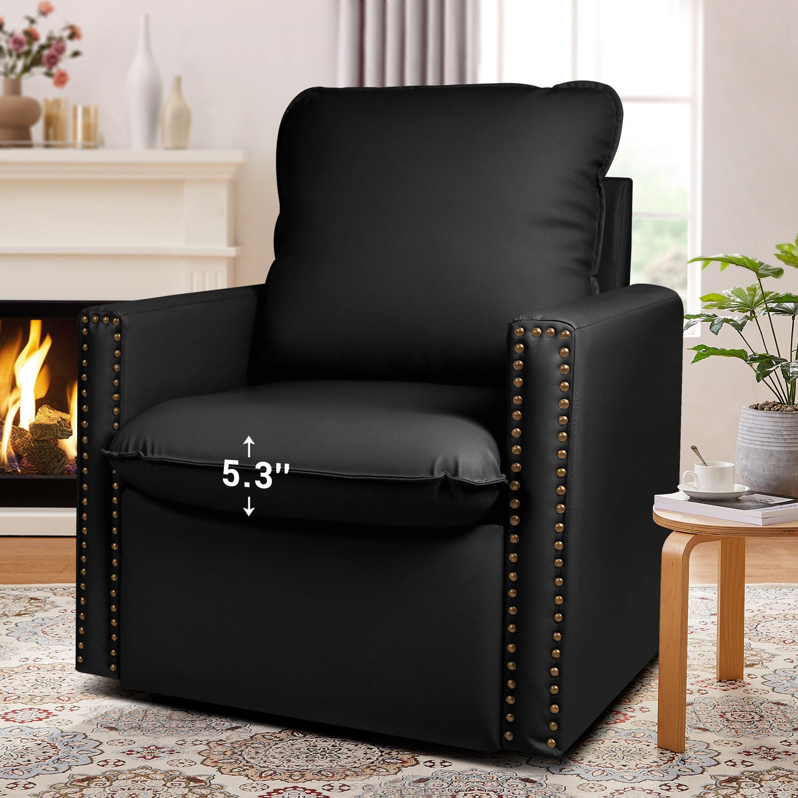 Black Faux Leather Swivel Accent Chair with Cushion U463629
