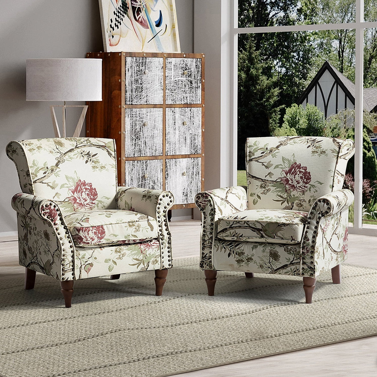 Wooden Upholstered Accent Chair Set of 2 with Removable Cushion Wingback Floral Lounge Sofa Set Nailhead Trim X43018