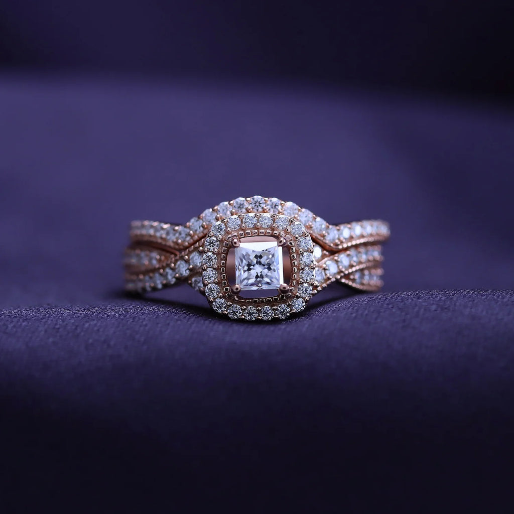 14K Rose Gold Over Sterling Silver Moissanite Halo Engagement Ring W1187