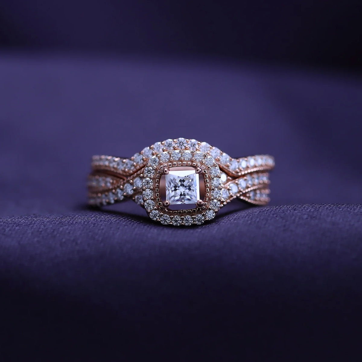 14K Rose Gold Over Sterling Silver Moissanite Halo Engagement Ring W1187