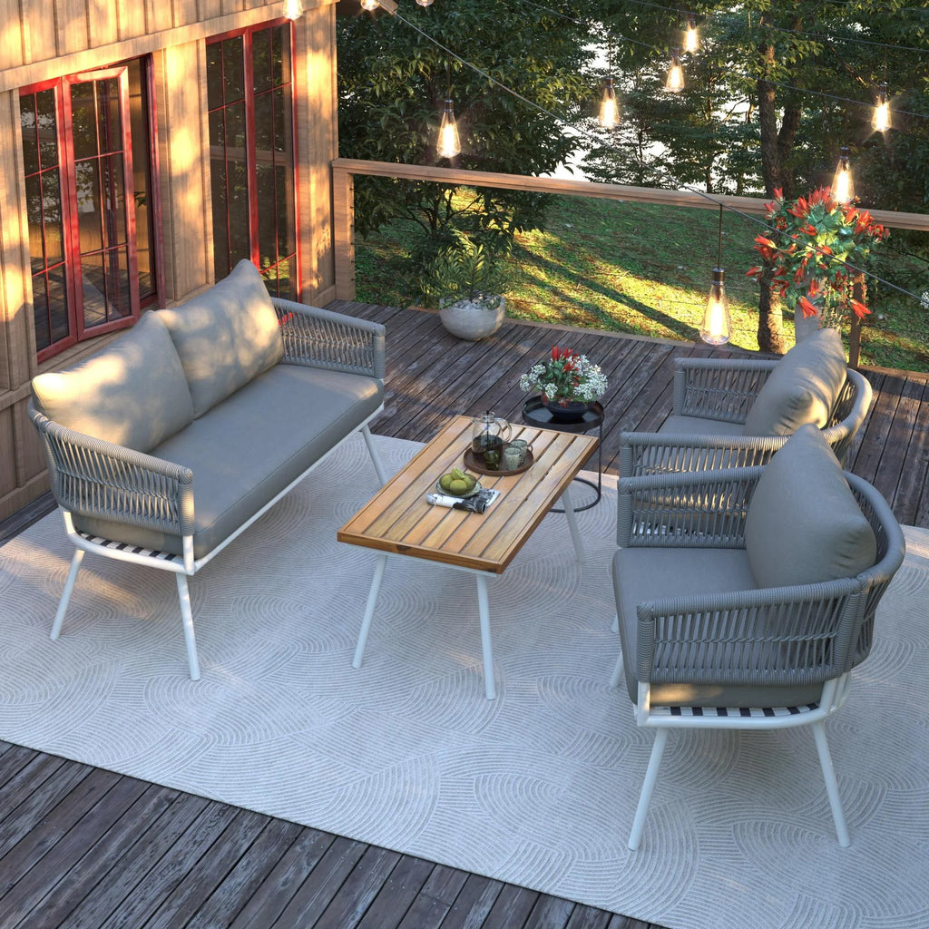 4 Piece Patio Conversation Set with Acacia Wood Table, Gray W588194