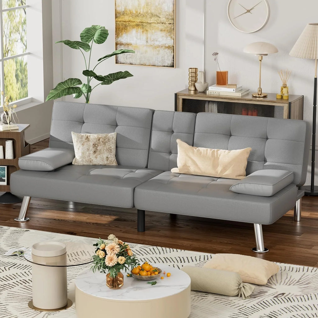 Faux Leather Convertible Folding Futon Sofa Bed with Removable Armrests and 2 Cup Holders V225213