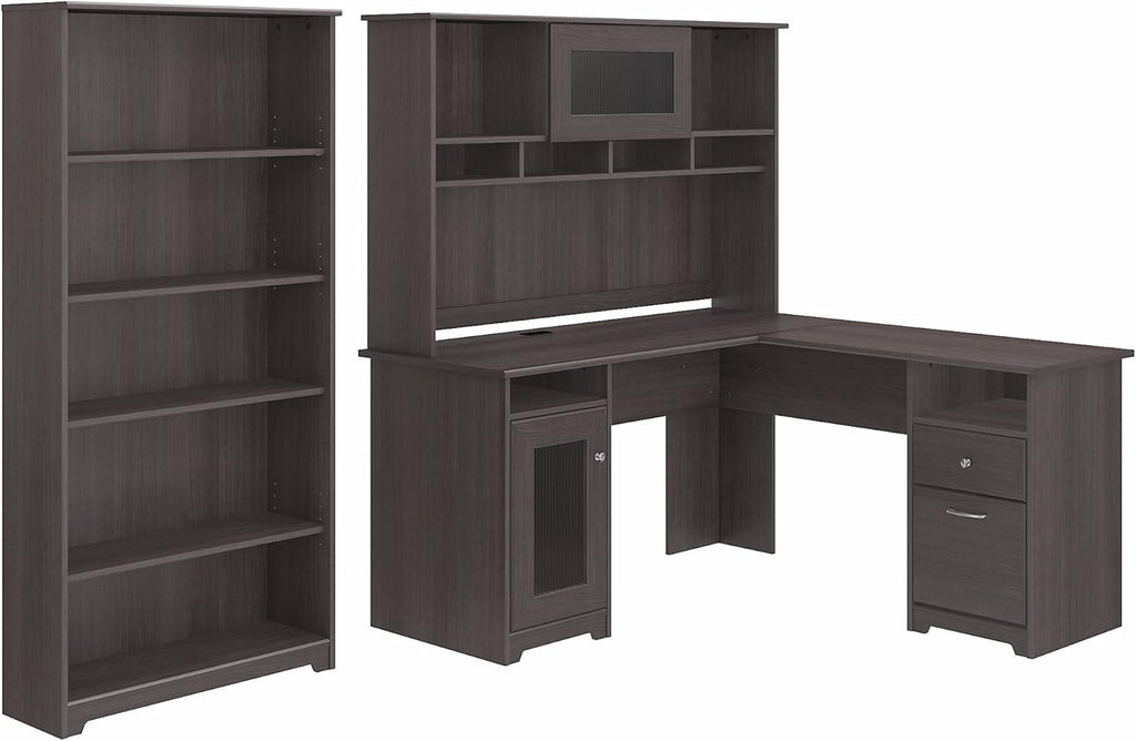 L Shaped Desk with Hutch and 5 Shelf Bookcase N43605