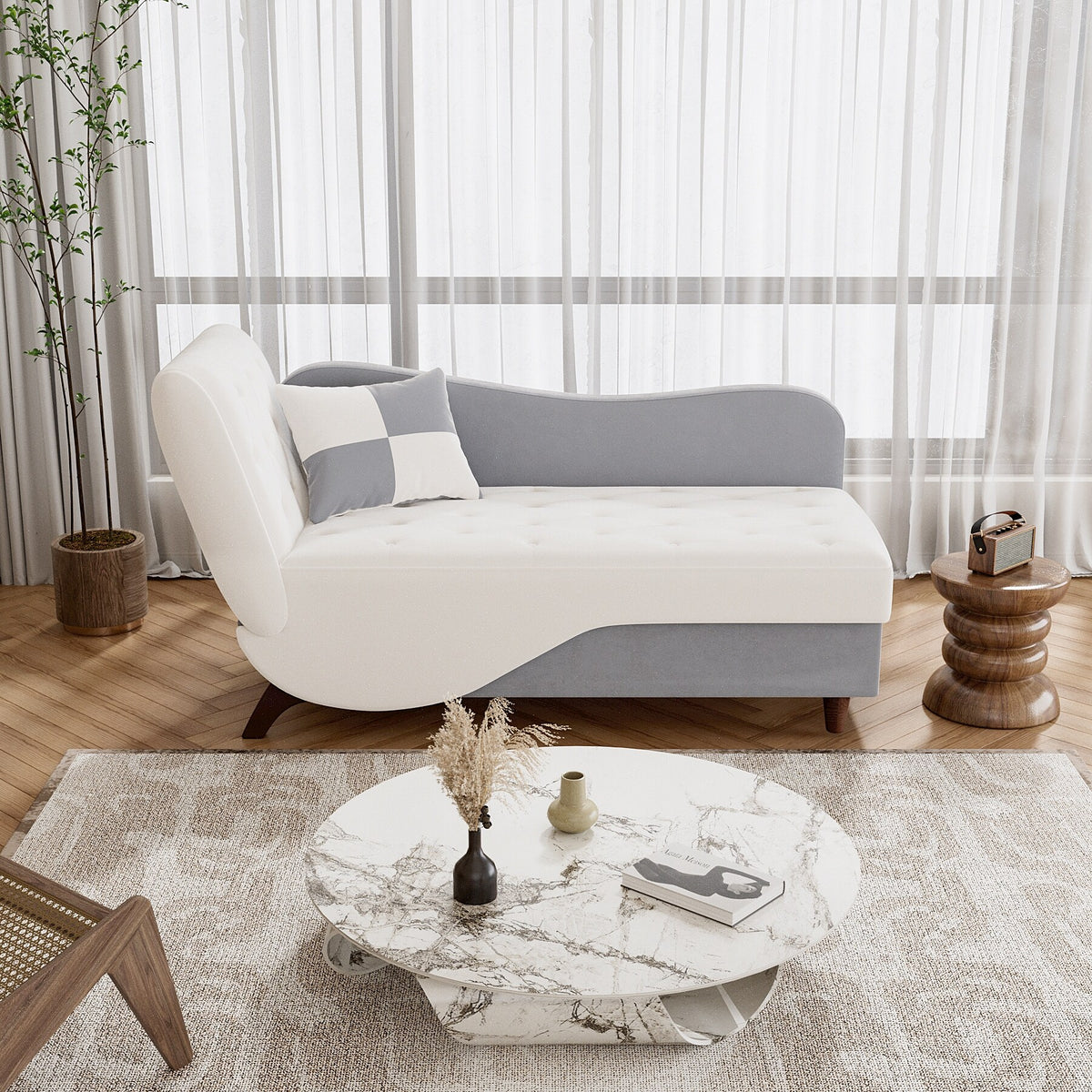 White Upholstered Storage Chaise Lounge Chair with Left Armrest & Lumbar Pillow H103