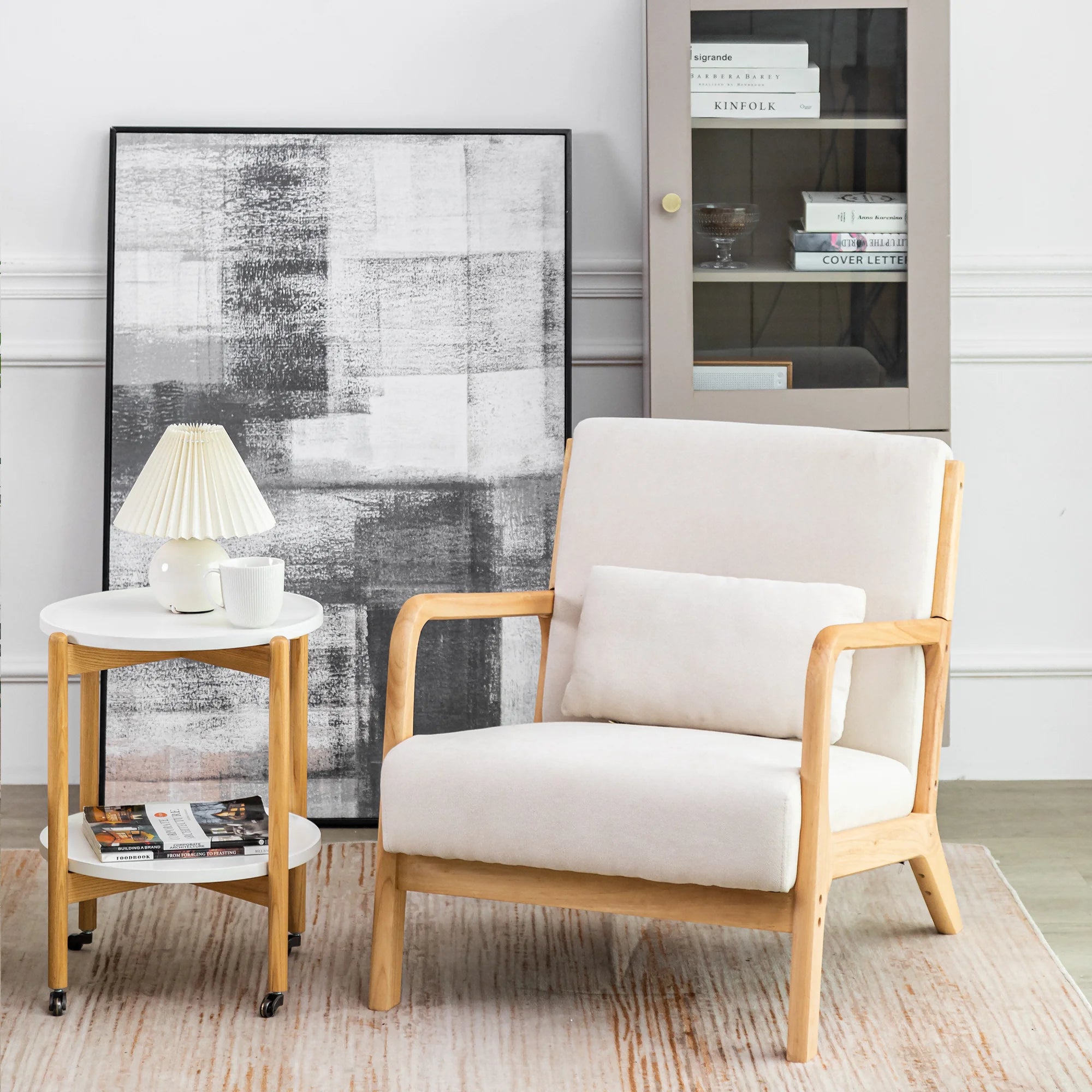 Beige Linen Upholstered Accent Armchair with Solid Wood Frame and Pillow F649861