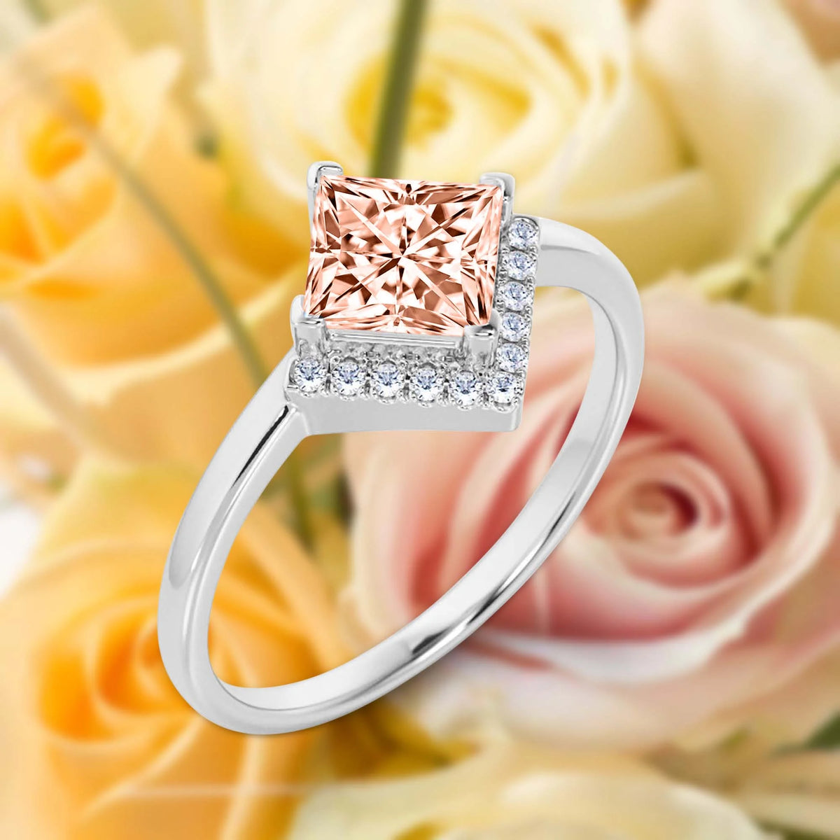 1.50 Carat Princess Cut Morganite And Diamond Moissanite Engagement Ring in 10k Solid White Gold Q809342