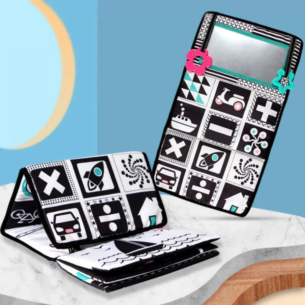 Tummy Time Floor Mirror with Crinkle Cloth Book and Teethers, High Contrast Black and White Baby Toys R281490