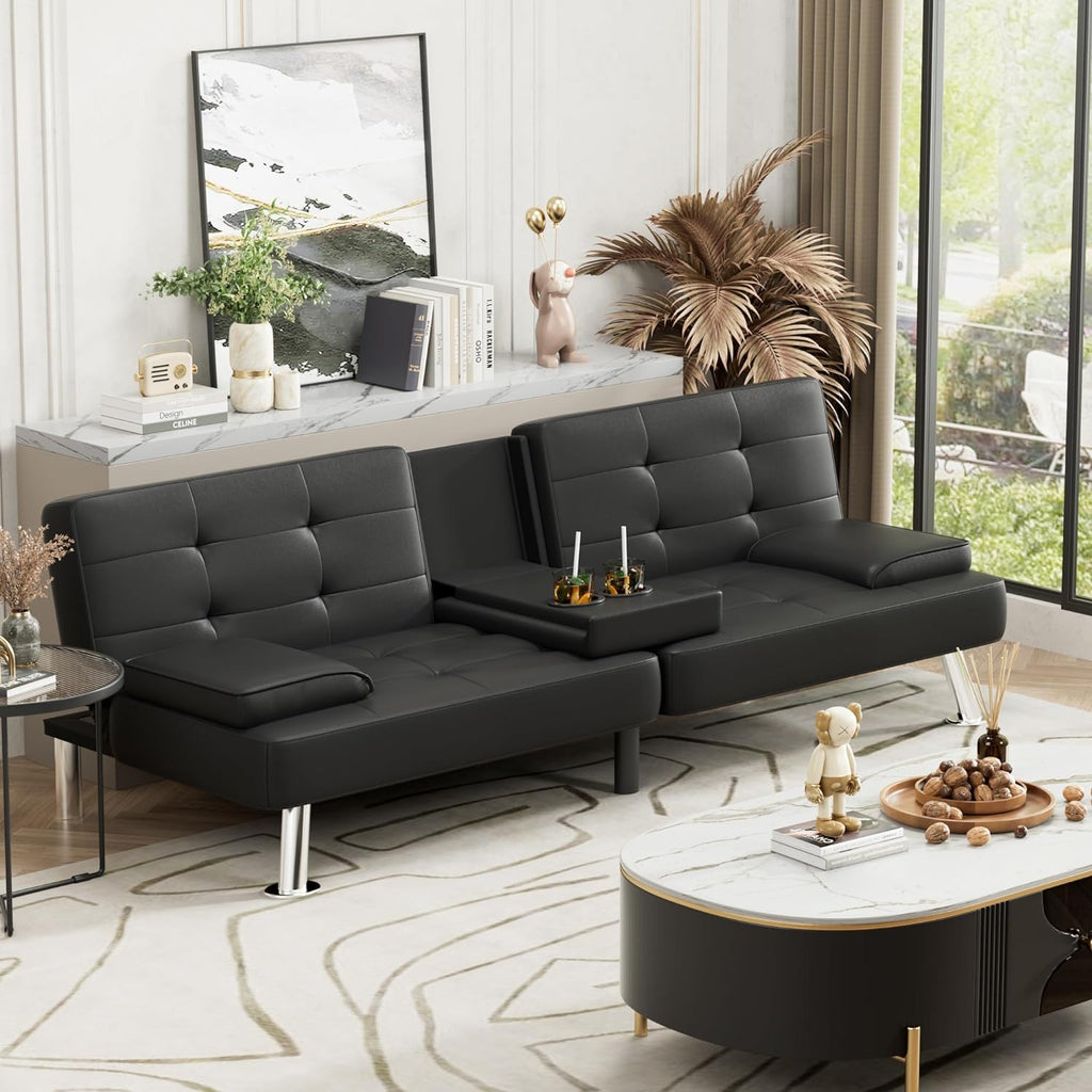 Faux Leather Convertible Folding Futon Sofa Bed with Removable Armrests and 2 Cup Holders V225213