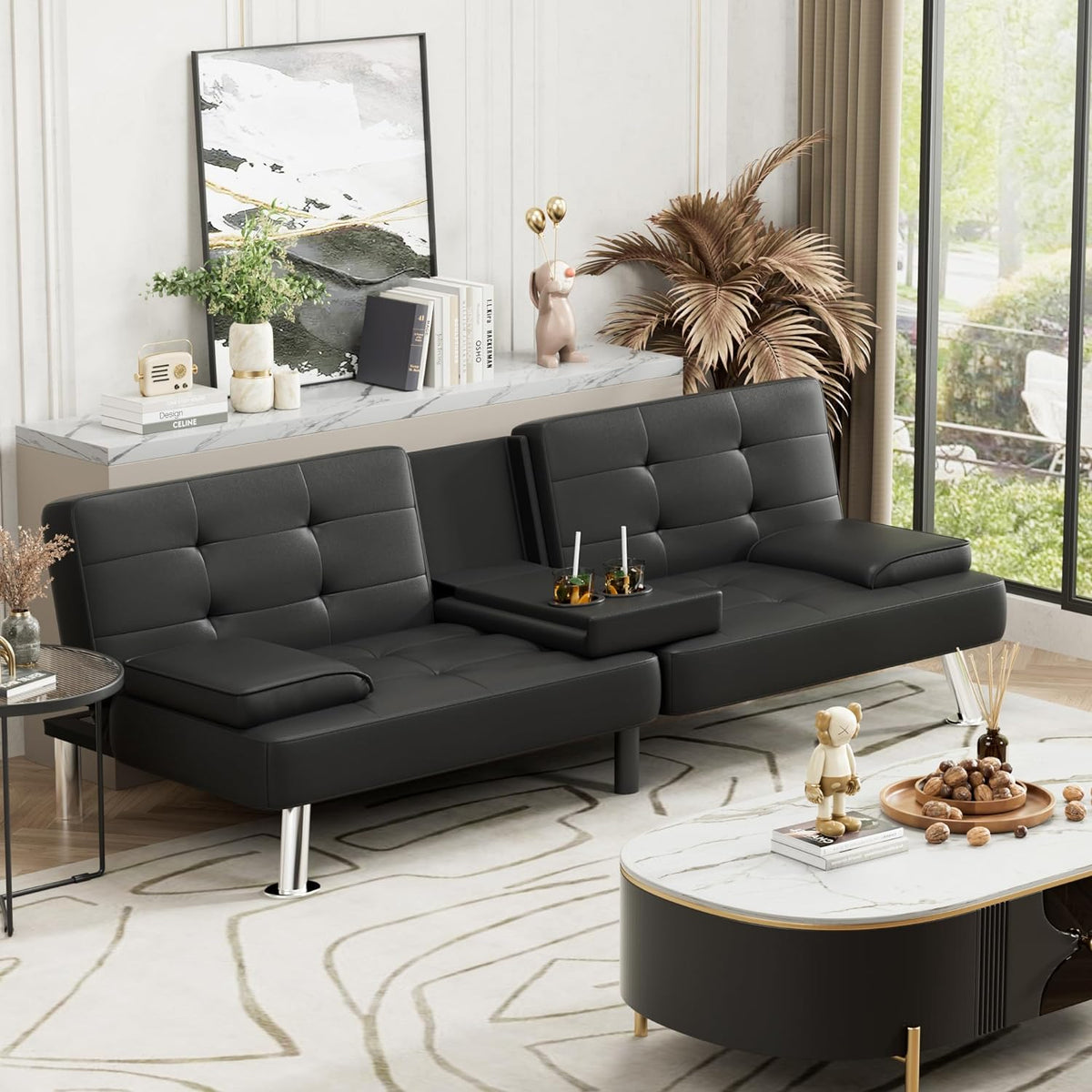Faux Leather Convertible Folding Futon Sofa Bed with Removable Armrests and 2 Cup Holders V225213