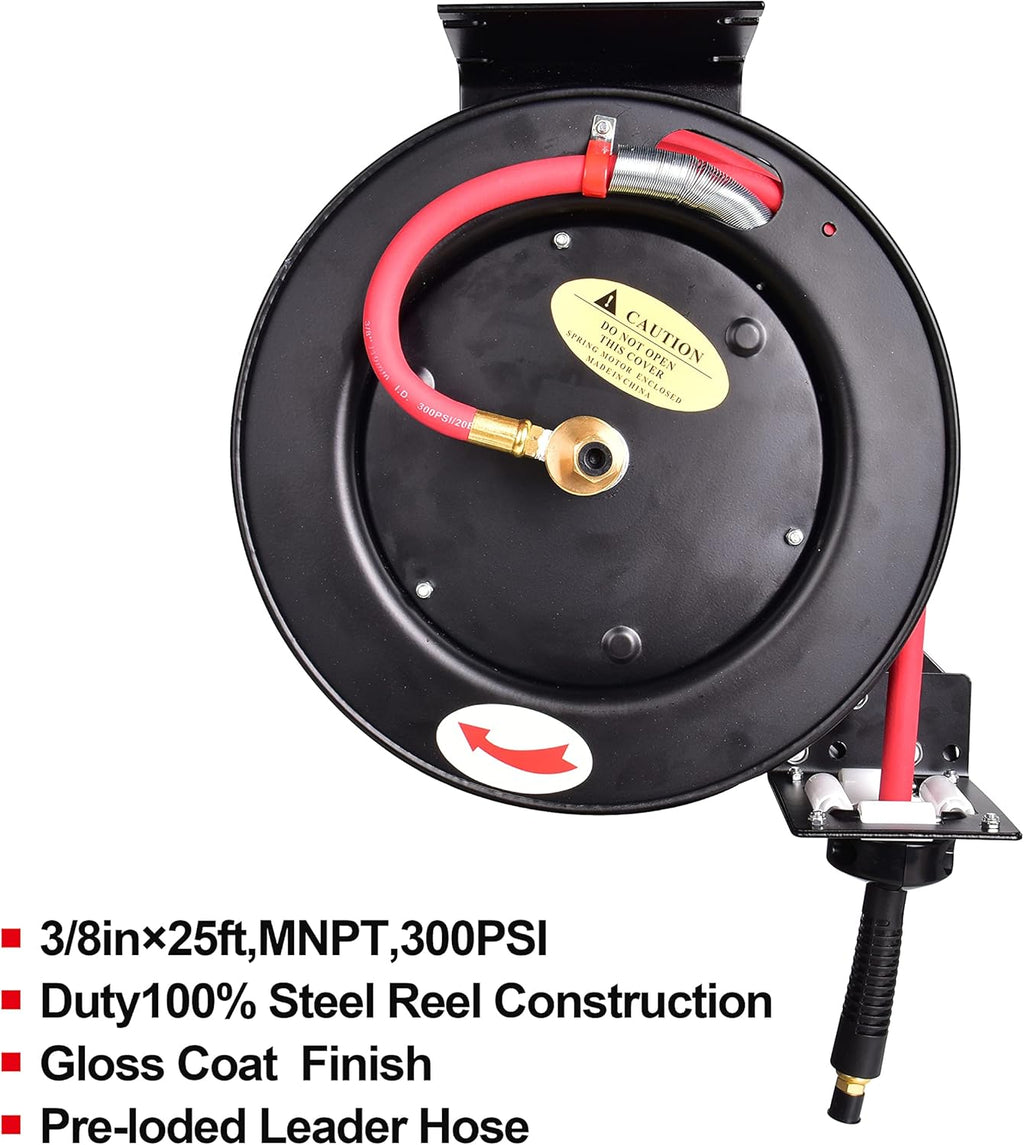 Retractable 3/8 in x 25 ft Air Hose Reel, Wall Mount, 300 PSI Hybrid Hose, Pack of 2 T13611