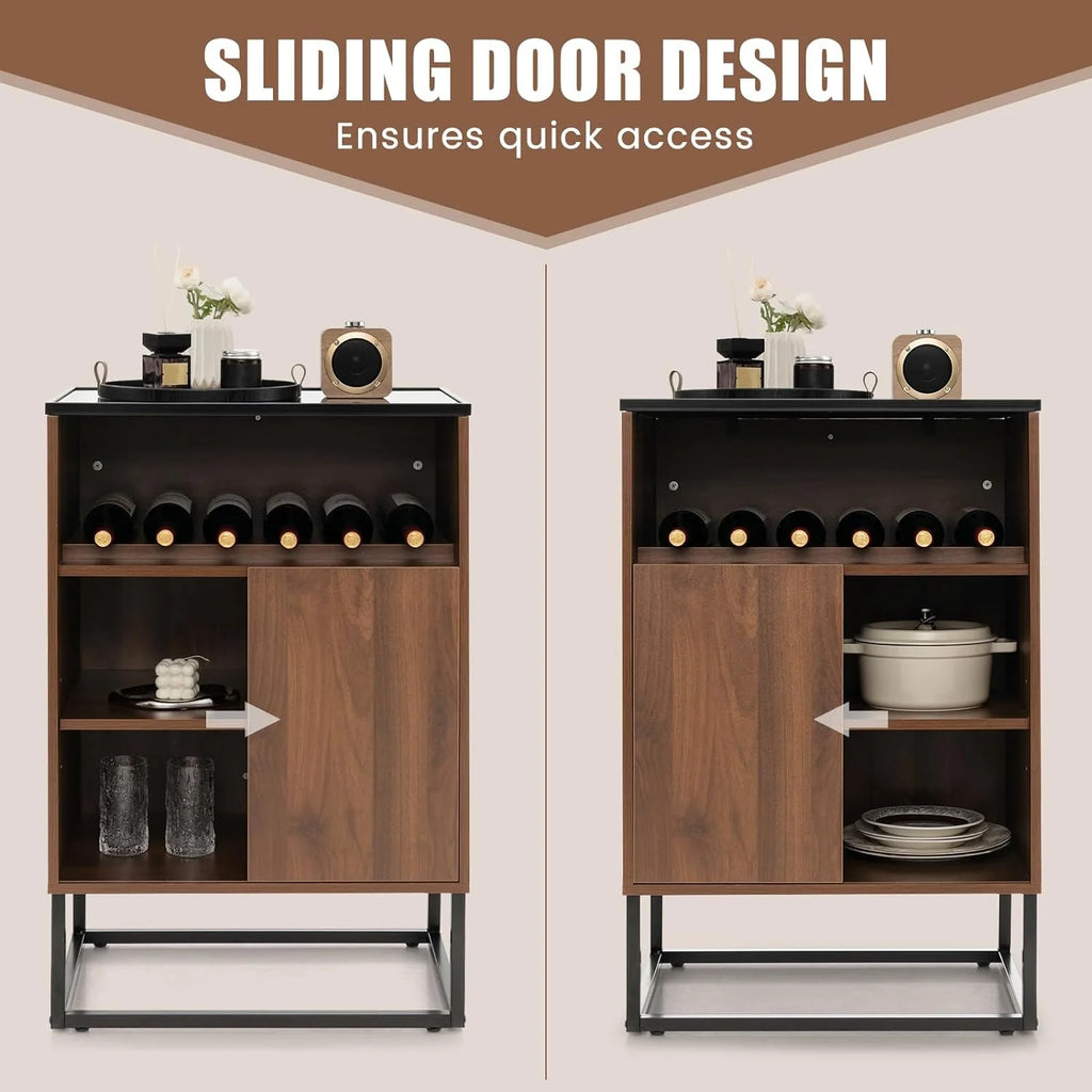 Wine Cabinet Sideboard Buffet Cabinet with Tempered Glass Top Sliding Door Freestanding Wine Rack Table I7136
