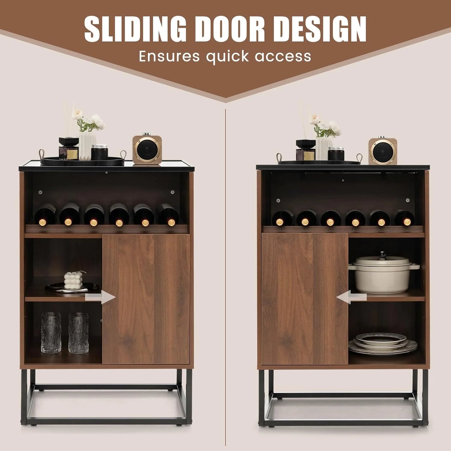 Wine Cabinet Sideboard Buffet Cabinet with Tempered Glass Top Sliding Door Freestanding Wine Rack Table I7136