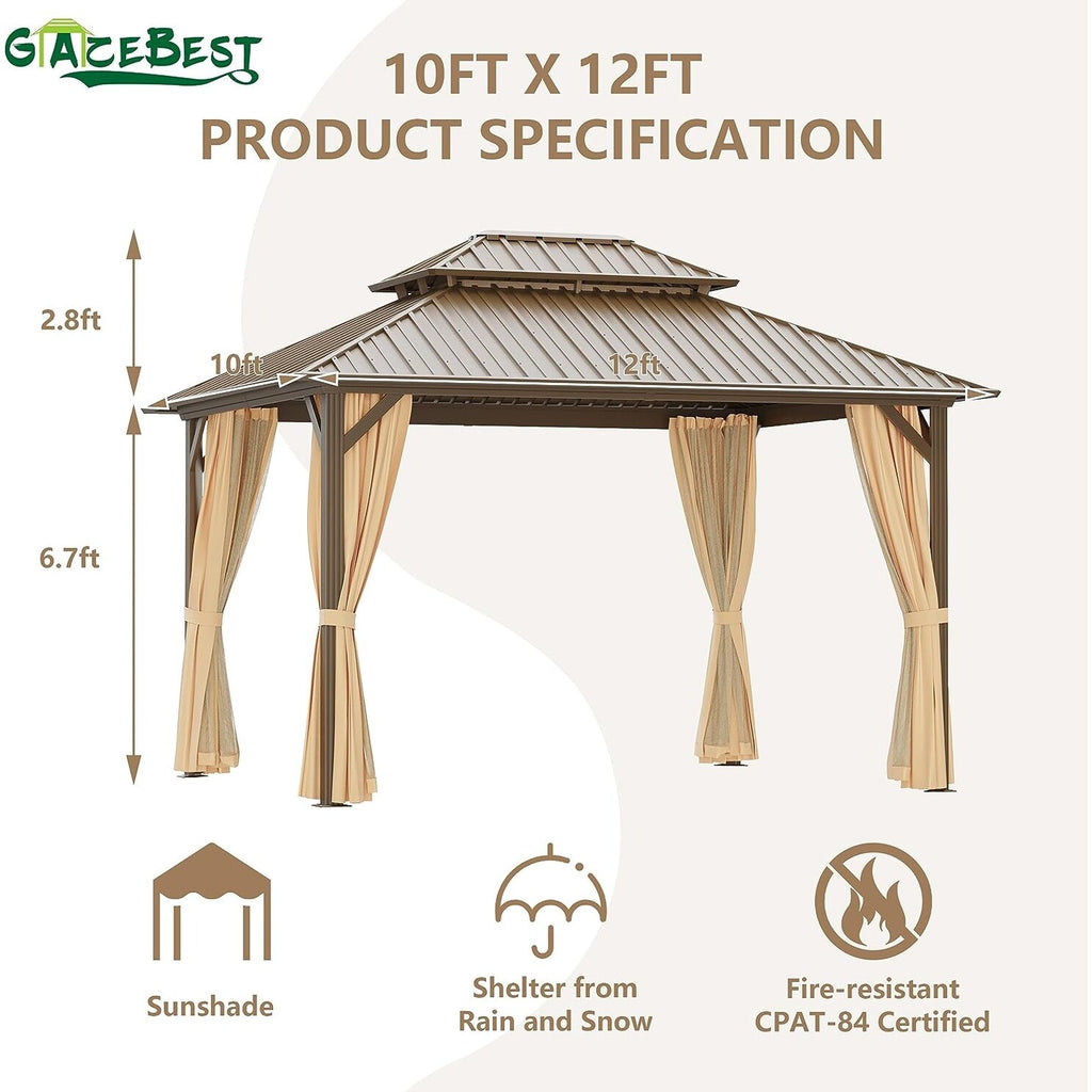 10x10 ft Hardtop Aluminum Patio Gazebo Double Roof Galvanized Steel Canopy D76925