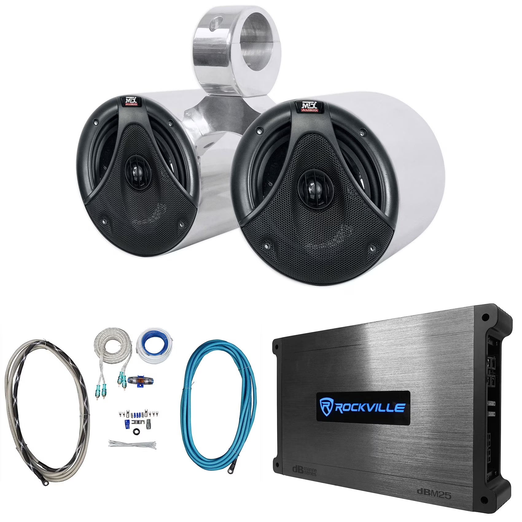 Silver Marine Boat Wakeboard Tower Speakers with Amplifier and Wires R982
