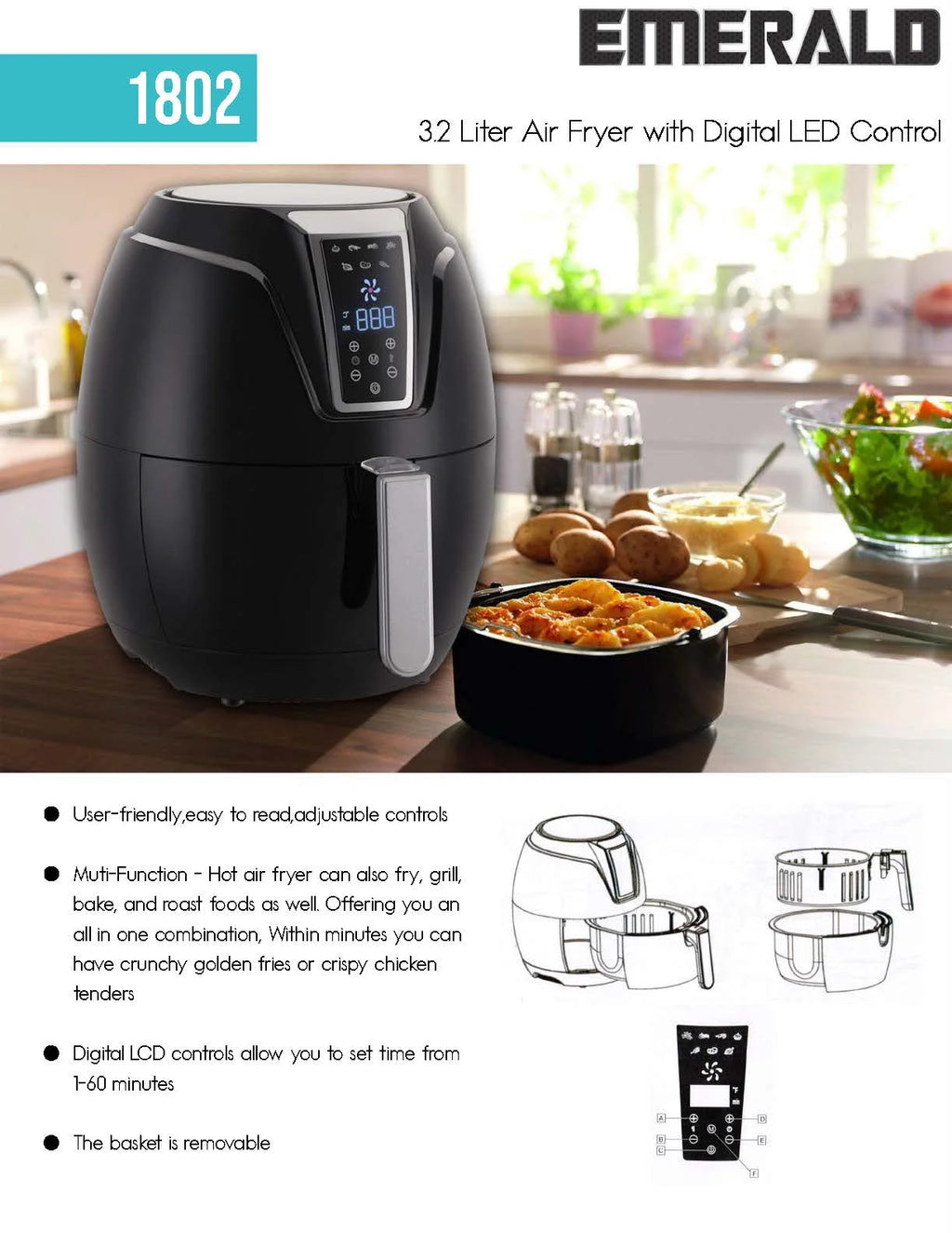 Emerald Air Fryer with Digital LED Touch Display 1400 Watts 3.2L Capacity R90580
