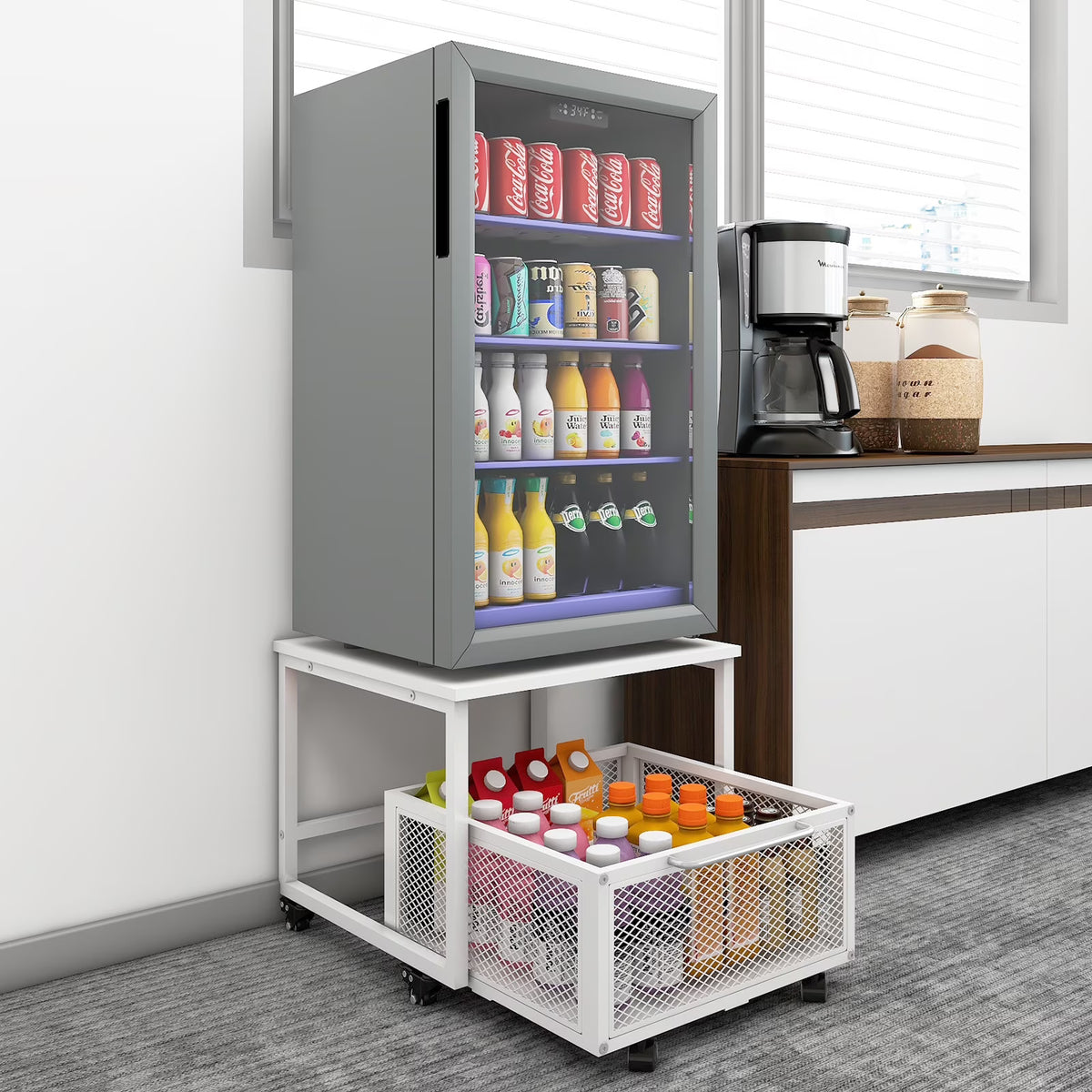 Mobile Mini Fridge Stand with 4 Lockable Wheels Rolling Fridge Cart I5428