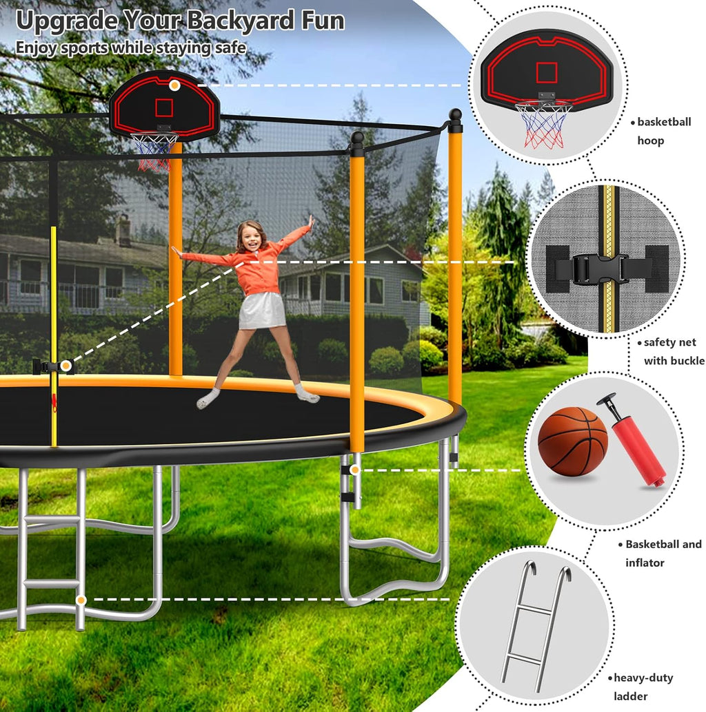 Orange 15FT Trampoline with Enclosure Net and Basketball Hoop V400064