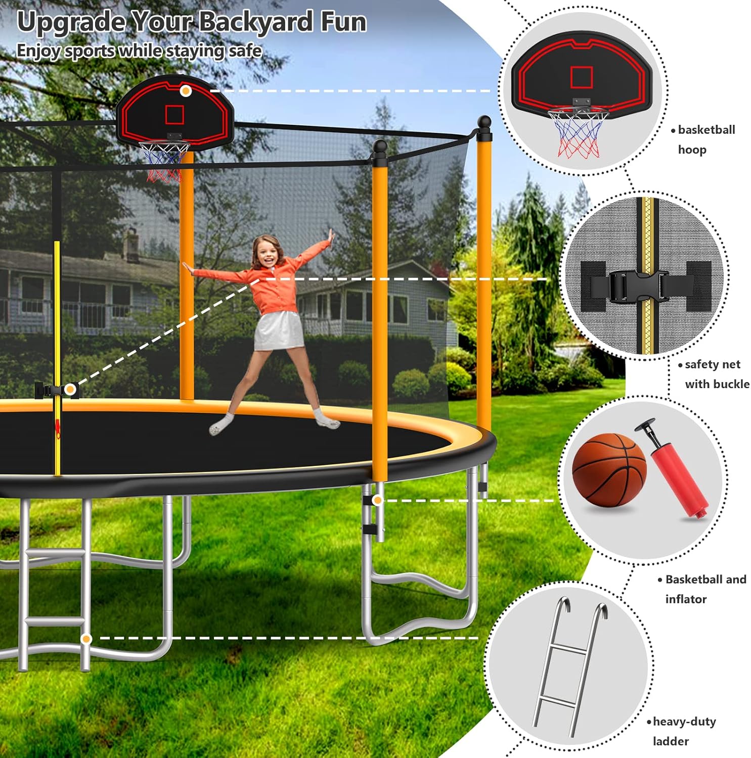 Orange 15FT Trampoline with Enclosure Net and Basketball Hoop V400064