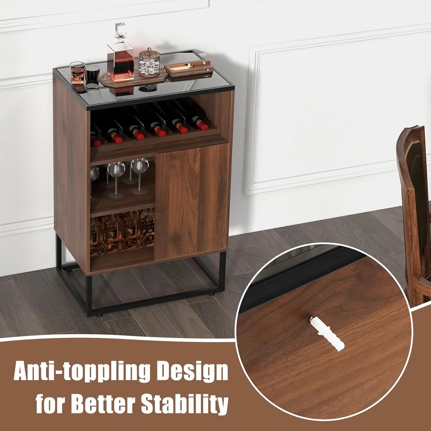Wine Cabinet Sideboard Buffet Cabinet with Tempered Glass Top Sliding Door Freestanding Wine Rack Table I7136