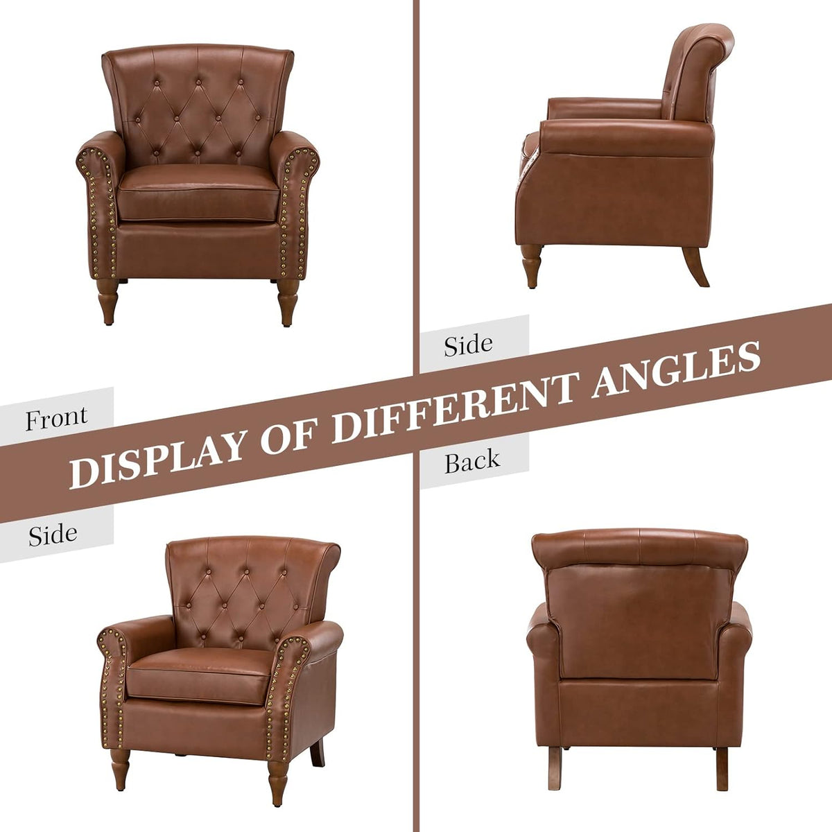 Brown Faux Leather Accent Chair with Solid Wood Legs S621