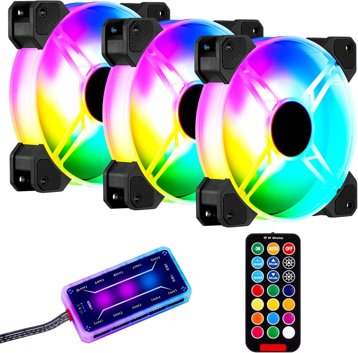 3 Pack 120mm RGB Case Fans with Remote Control Hub M50222