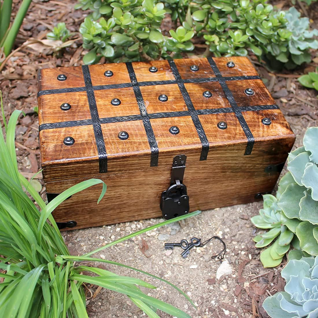 Treasure Chest Wooden Box with Antique Iron Lock and Skeleton Key W375