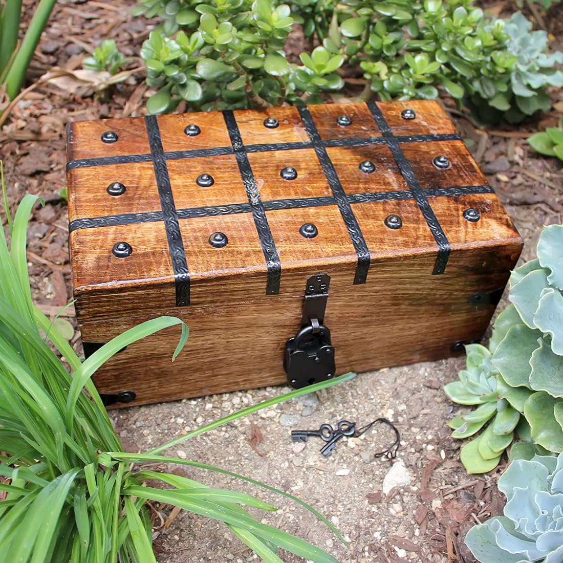 Treasure Chest Wooden Box with Antique Iron Lock and Skeleton Key W375